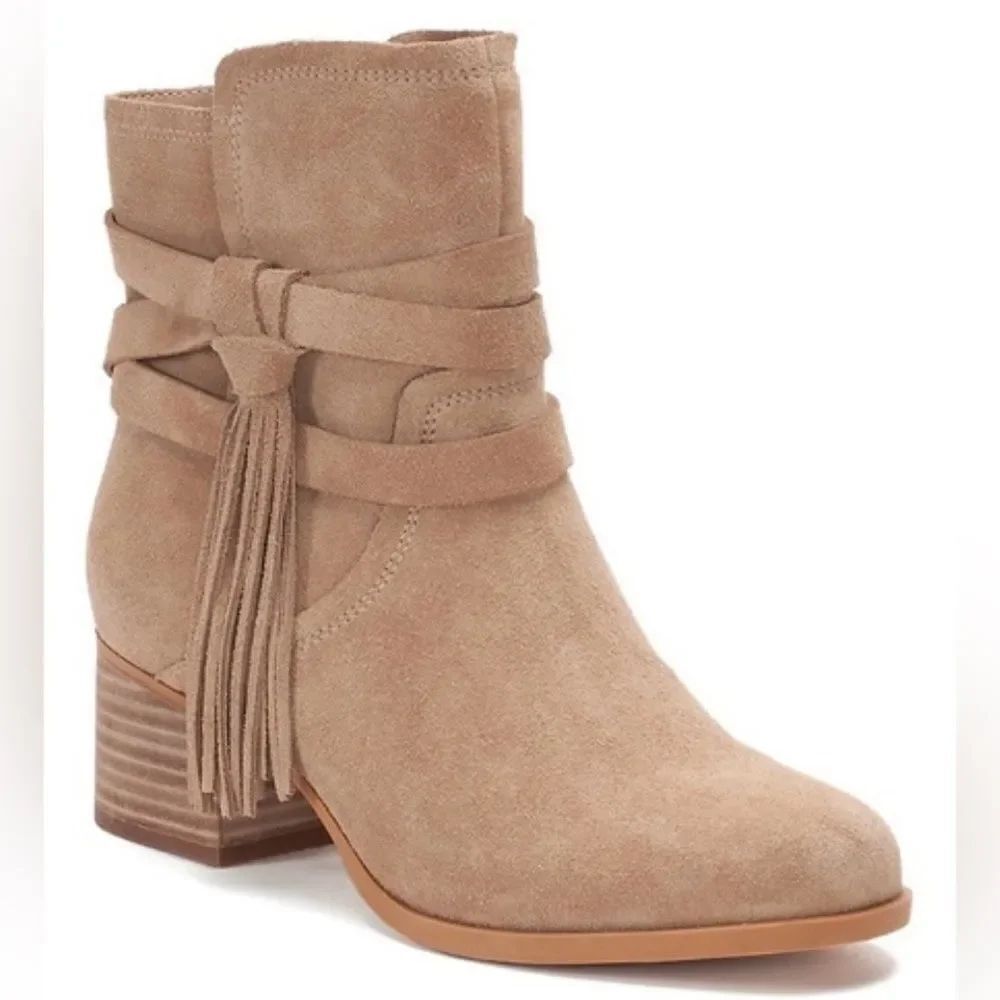 Kookaburra by UGG KENZ Taupe Suede Wrap Tassel Strap Heeled Ankle Boots